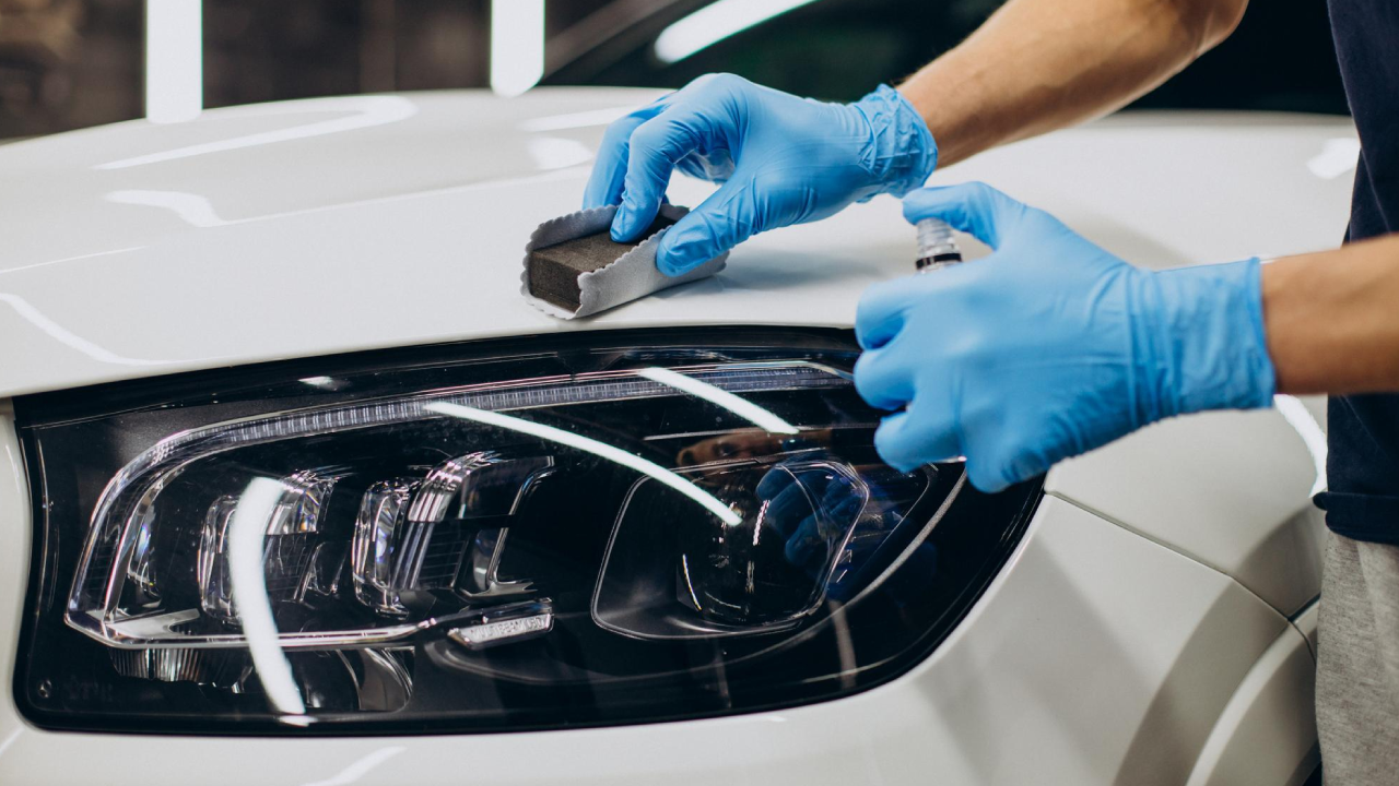 A worker applies ceramic coating on a white sedan
