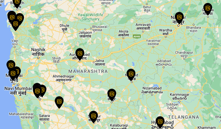 A map showing CarzSpa detailing studios in Maharashtra