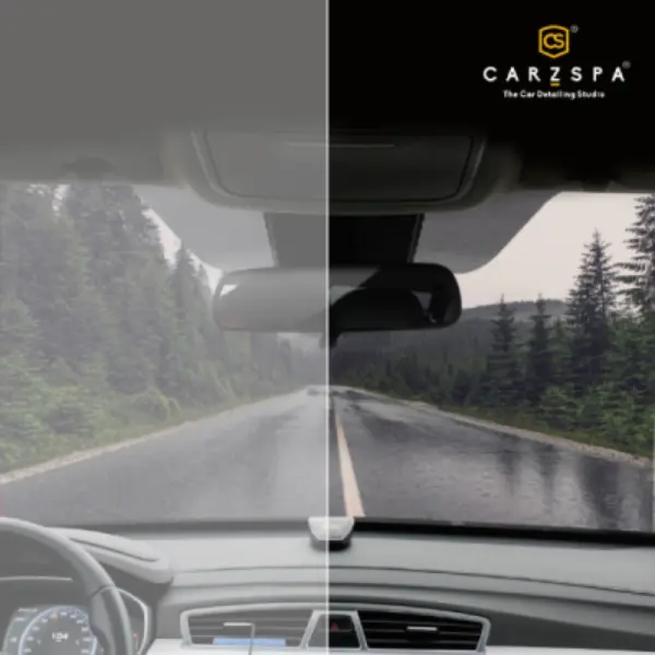 A concept image showing the difference of visibility of a car in rain