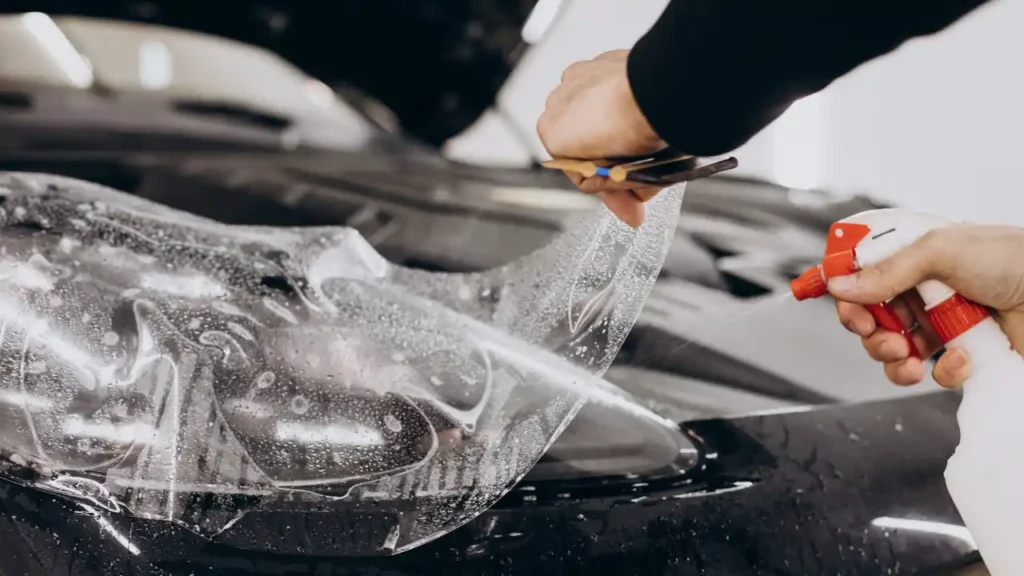 Picture of a car detailer applying a paint protection film on a black coloured car