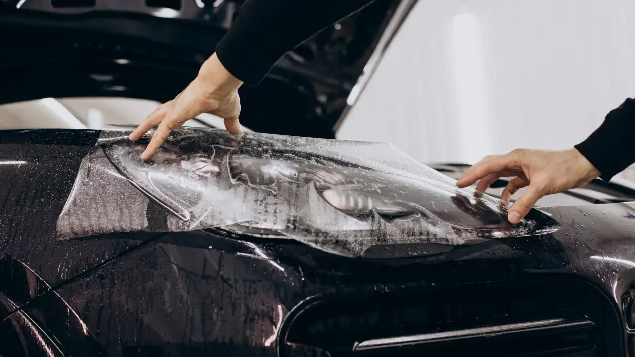 A paint protection film being applied on a black SUV