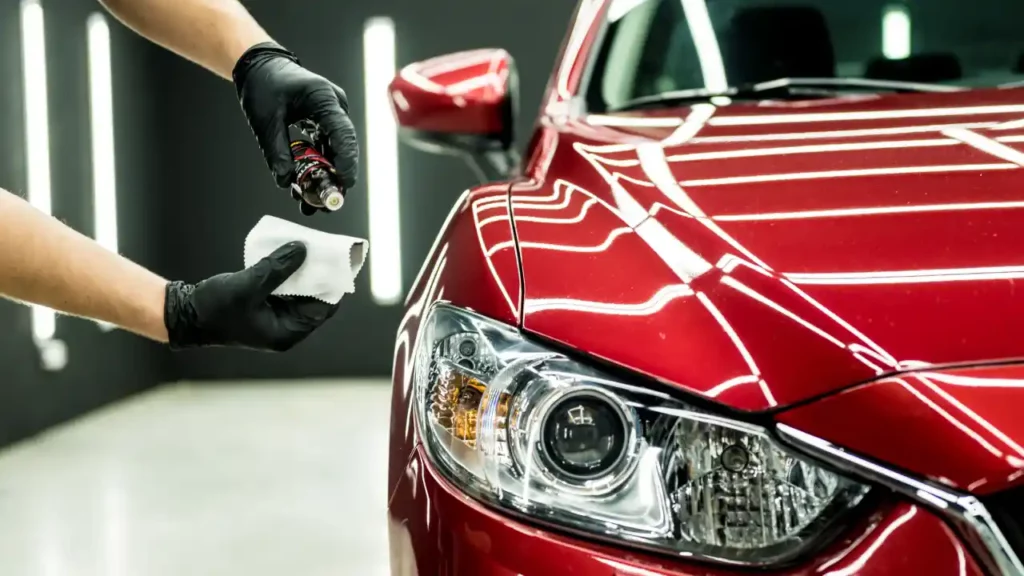 Ceramic coating being applied to a maroon-coloured car inside a ceramic coating bay need the attached premium image below.