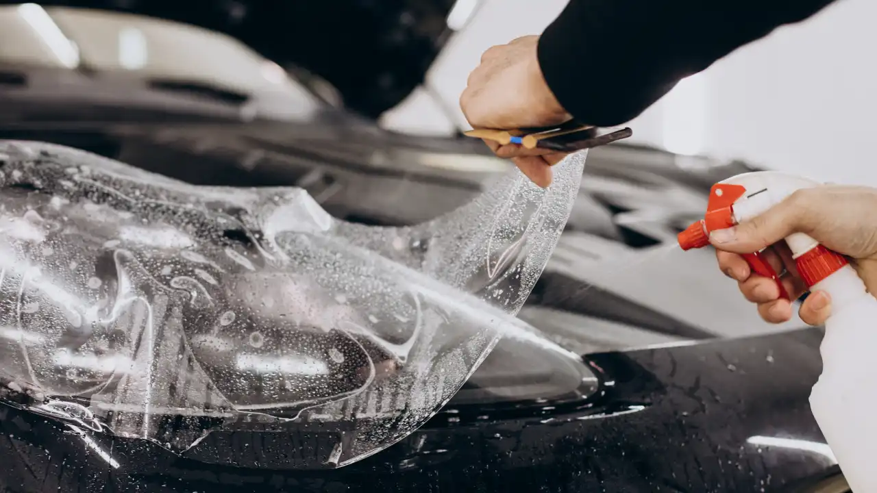 A clear PPF being applied on a black car