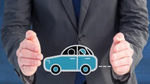 A concept imagery of a man dressed in a business suit is covering an illustration of a car