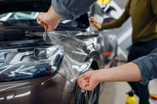 A detailer installing a clear PPF on a brown car