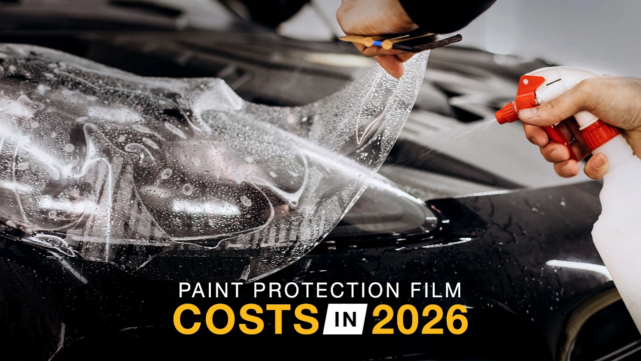 Close up shot of a clear PPF being installed on the bonnet of a black car