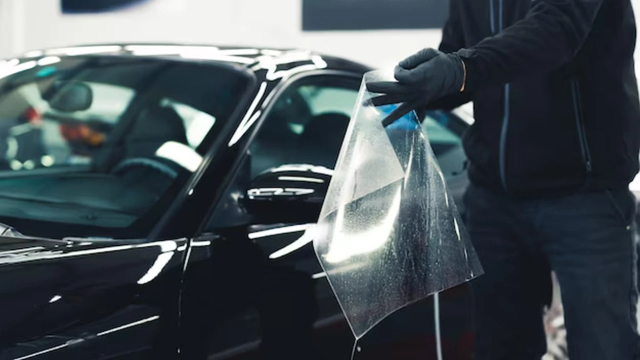 a man applies paint protection film on a car