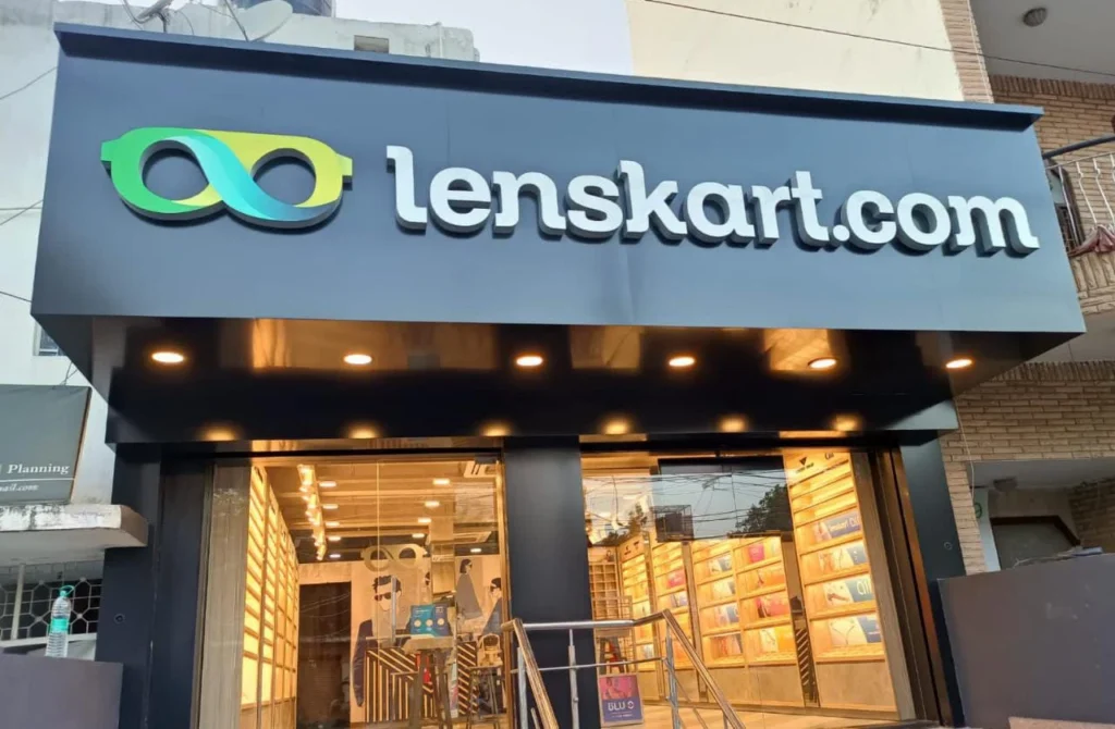The outdoor facade of a Lenskart store, somewhere in India
