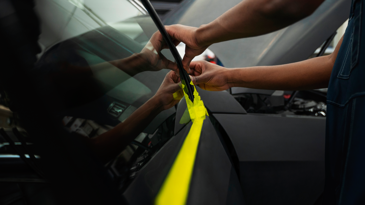 A worker applying a car window film onto a side window glass of a car