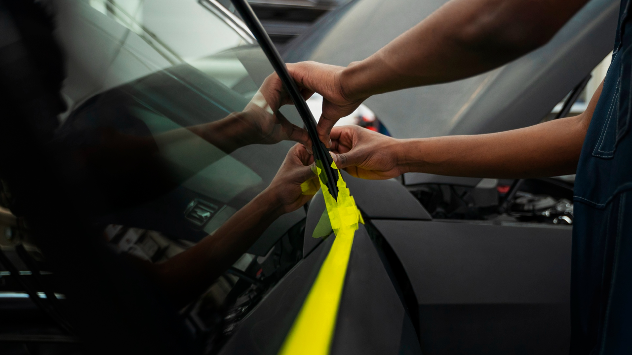 A worker readies a side window glass of a car to install a car window tint on it