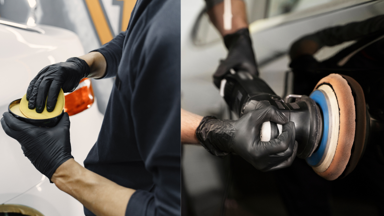 A split-screen image of polishing and waxing being done of cars