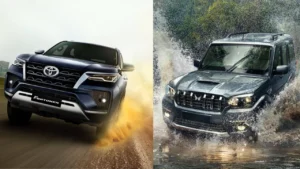 A collage showcasing a Toyota Fortuner and a Mahindra Scorpio placed next to each other