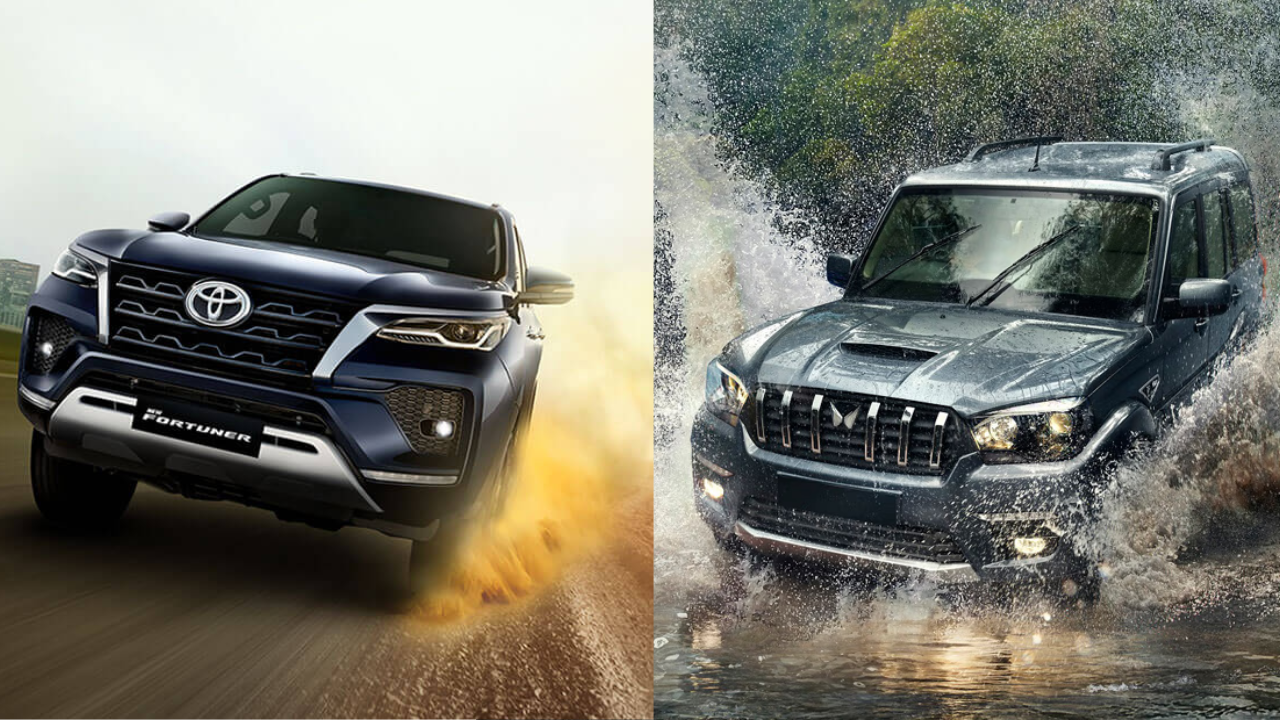 A collage showcasing a Toyota Fortuner and a Mahindra Scorpio placed next to each other