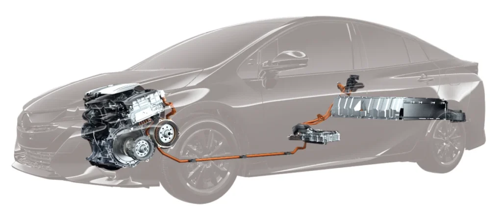 Toyota hybrid engine diagram showing the integration of gasoline engine with electric motor components