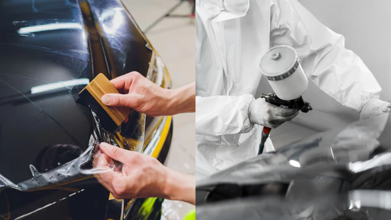 Comparison of a car with one half having fresh paint and the other protected by transparent paint protection film