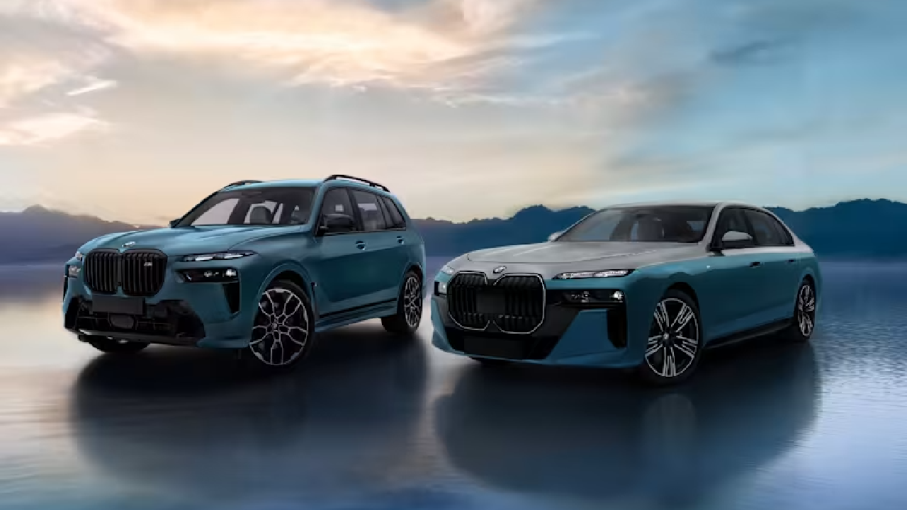 Concept image of two BMW cars parked next to each other in a dreamy background
