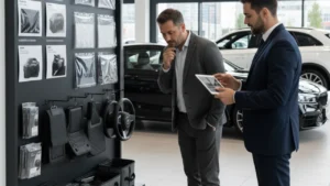 Car owner examining various automotive accessories and protection options at a car dealership