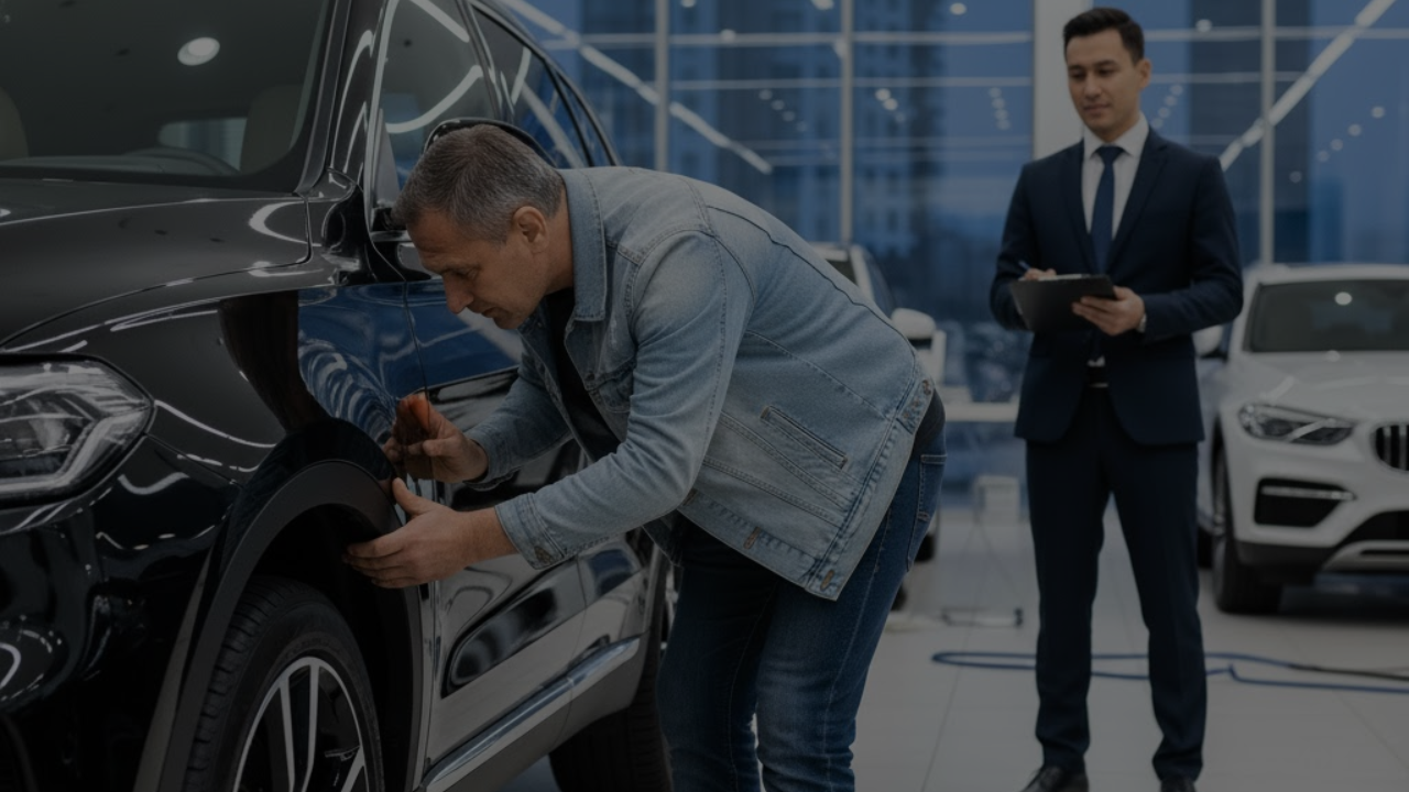 Car buyer carefully examining a new car's condition during pre-delivery inspection at the showroom