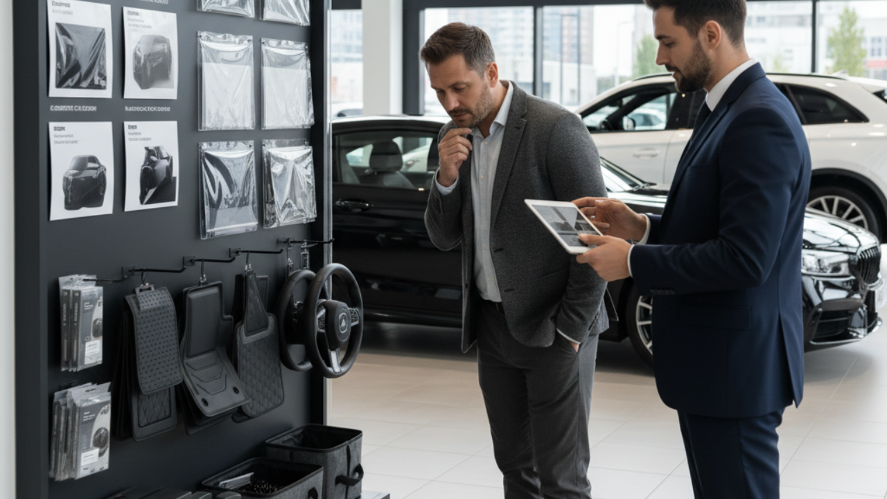 Car owner examining various automotive accessories and protection options at a car dealership