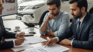 Car buyer in discussion with dealership salesperson reviewing documents and negotiation terms