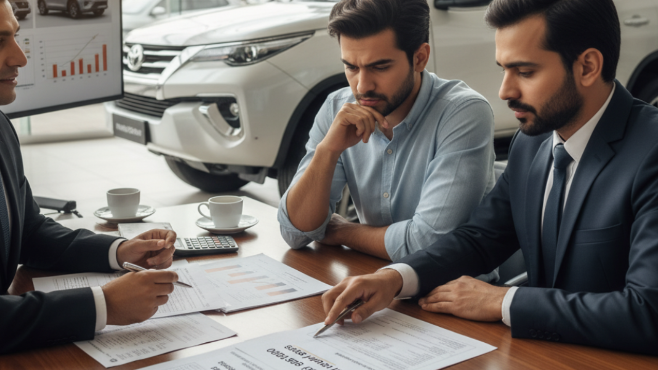 Car buyer in discussion with dealership salesperson reviewing documents and negotiation terms