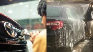A collage image of a CarzSpa detailer detailing a car and a car being washed in a local detailing garage