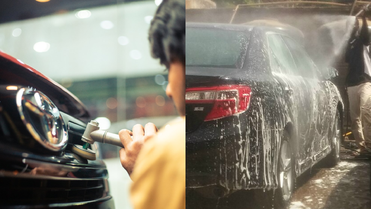 A collage image of a CarzSpa detailer detailing a car and a car being washed in a local detailing garage