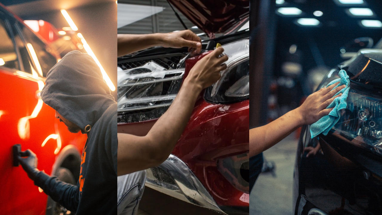 A collage image of workers applying ceramic coating, PPF and waxing on cars, respectively