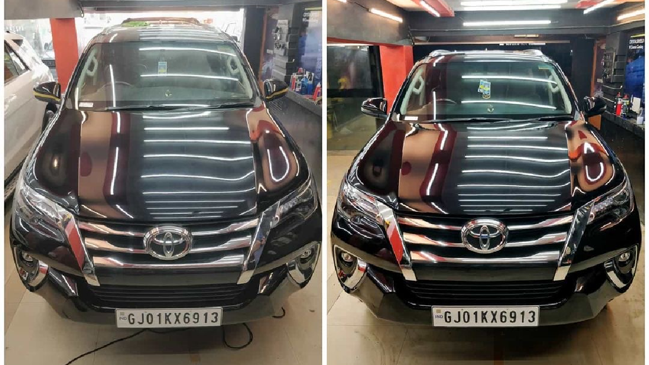 Before-After Comparison Visuals of a Black Car after Black PPF