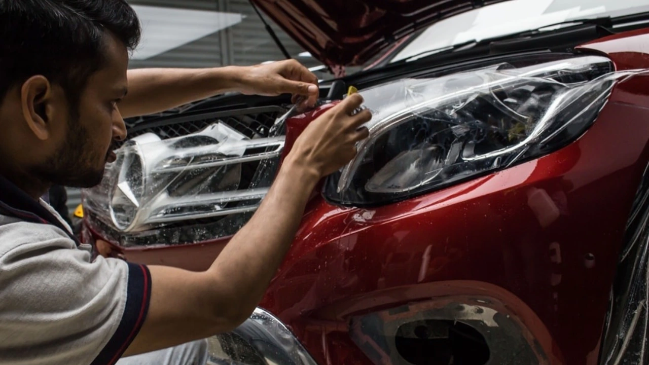 A worker applies a paint protection film on the headlight of a red Mercedes sedan