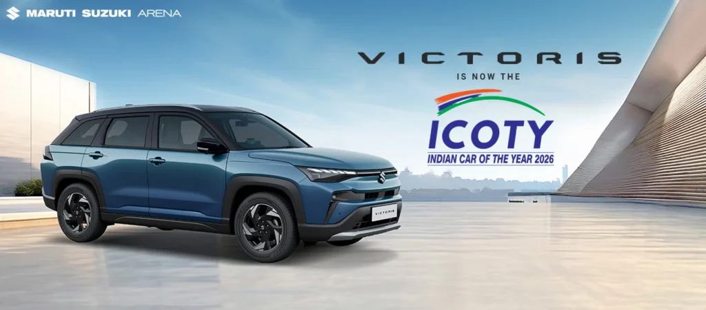 A graphic banner showing the Maruti Suzuki Victoris as the Indian Car of the Year 2026