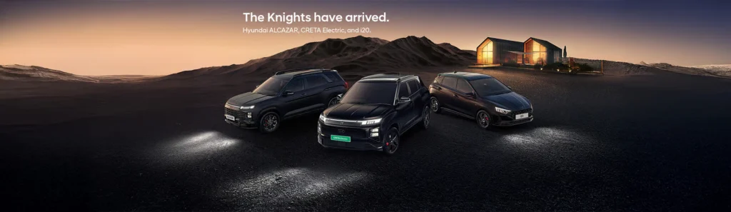 Graphic banner showing Hyundai’s Alcazar, Creta and i20 cars