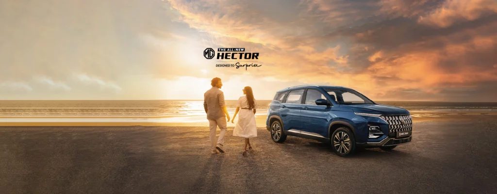 A graphic banner showcasing a couple walking during sunset towards their MG Hector
