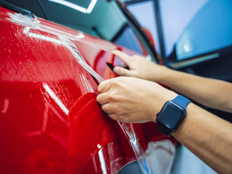 a man peels PPF off a red coloured car