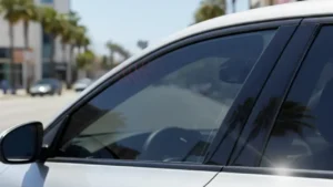 A sun protection film on a car window outdoors.