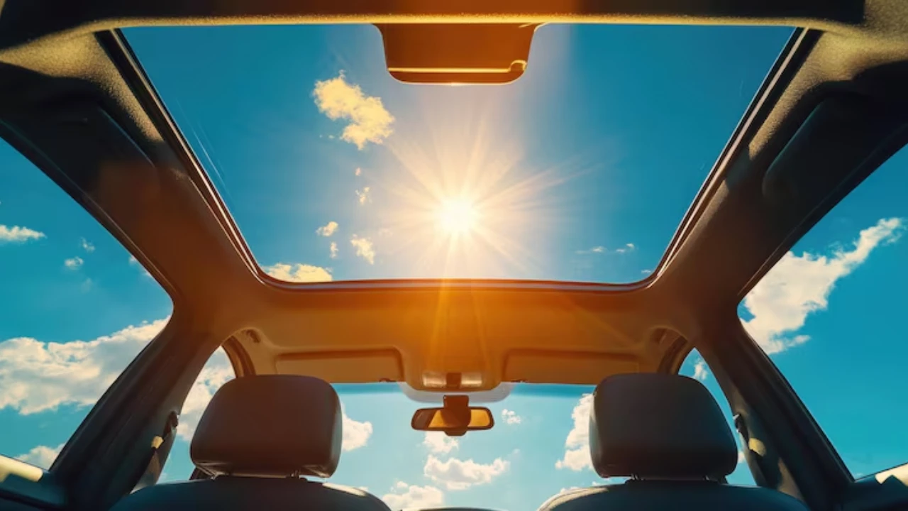 A luxury car with a large panoramic sunroof reflecting the sky