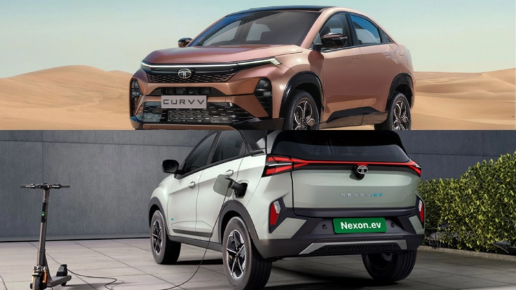 Tata Nexon EV charging in an Indian parking lot while a Currv is parked in the sandy outdoors