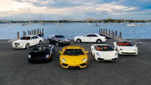 A row of luxury cars lined up at a pier