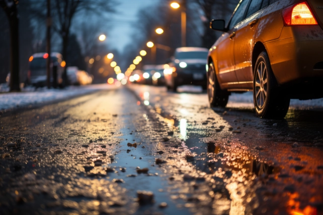 Wet city street at night with blurry lights reflecting in puddles and a parked orange car in the foreground.
