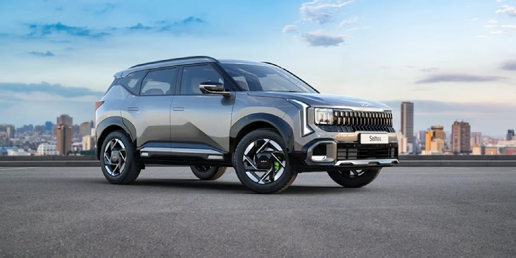 A Kia Seltos parked on an elevated outdoor parking lot