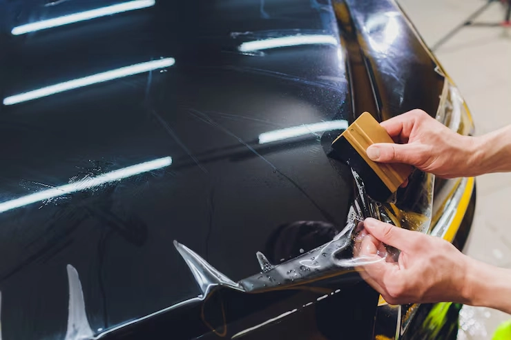 A person is applying a clear protective film onto the shiny black bonnet of a car using a small tool.