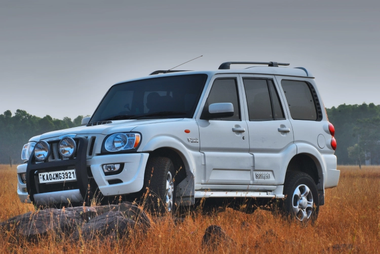 A White Mahindra Scorpio stands parked in a grassy terrain
