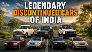 Blog cover image featuring seven classic discontinued cars of India arranged on a scenic countryside road, with bold text reading “Legendary Discontinued Cars of India”