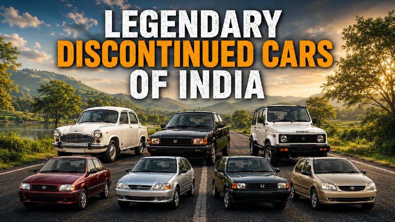 Blog cover image featuring seven classic discontinued cars of India arranged on a scenic countryside road, with bold text reading “Legendary Discontinued Cars of India”