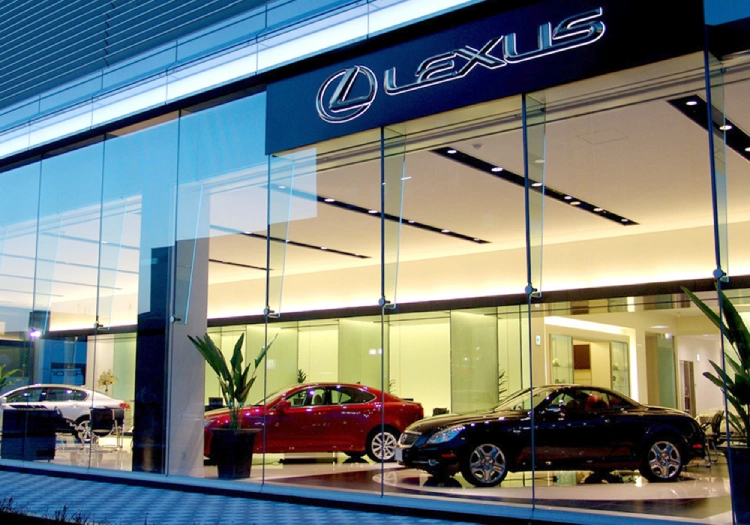A Lexus showroom in the evening