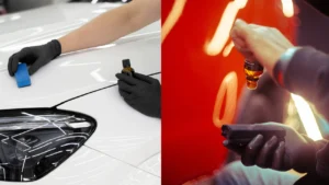 A detailer applying ceramic coating on a car's bonnet inside a professional detailing studio
