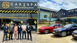 A collage of two CarzSpa Detailing studios from their launch day, with the franchise owners and founders together