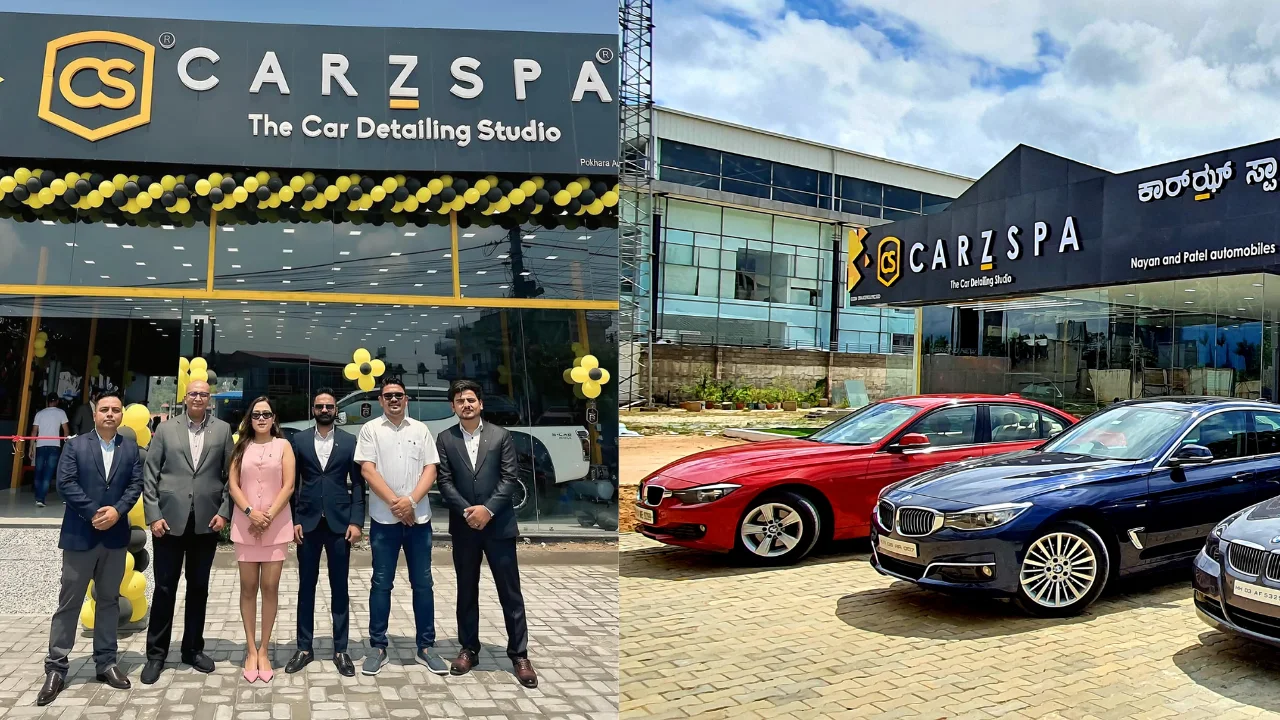 A collage of two CarzSpa Detailing studios from their launch day, with the franchise owners and founders together