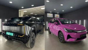 Two electric cars inside a car detailing studio for PPF on cars