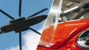 A split image showing a military helicopter rotor blade on the left and a modern car with paint protection film being applied in a professional detailing studio on the right